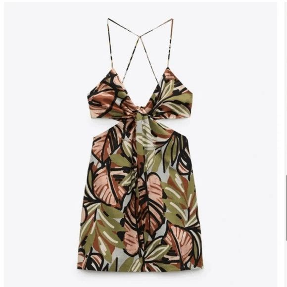 ZARA Linen Blend Camo Lined Cut out Dress size Medium Palm Leaf Print - Picture 6 of 9